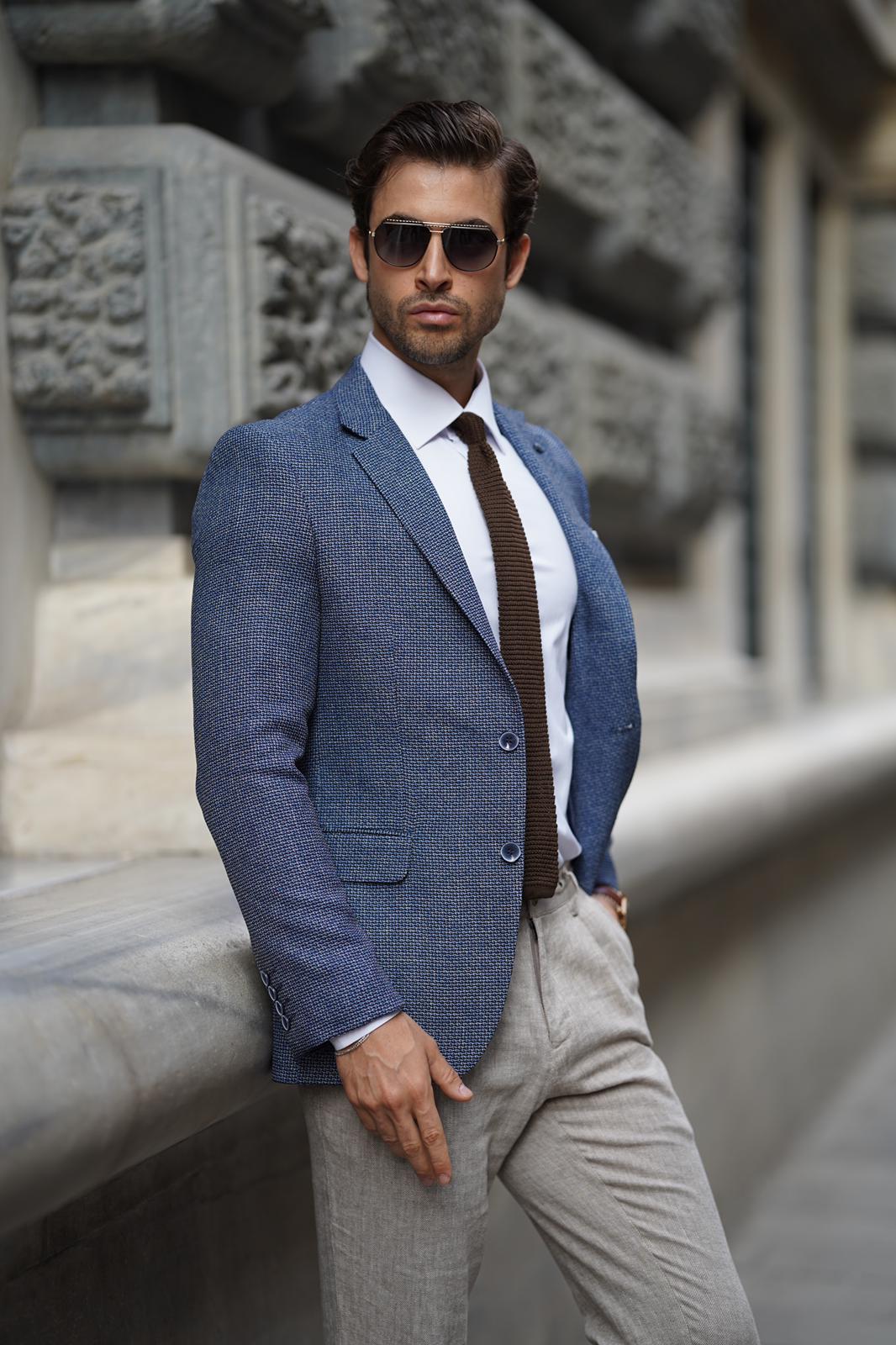 Stefano Blue Wool Slim Fit Blazer