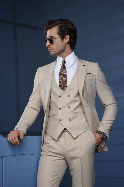 Daniel Slim Fit Cream Wool Suit - Three-Piece Elegance