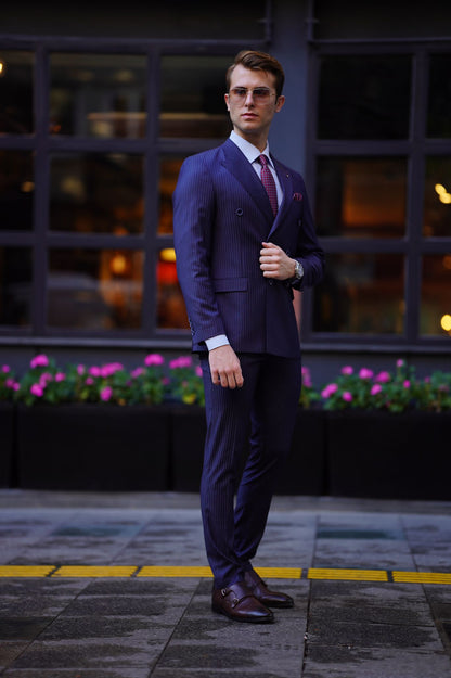 Vespo Pinstripe Navy Blue Double Breasted Suit for Modern Men