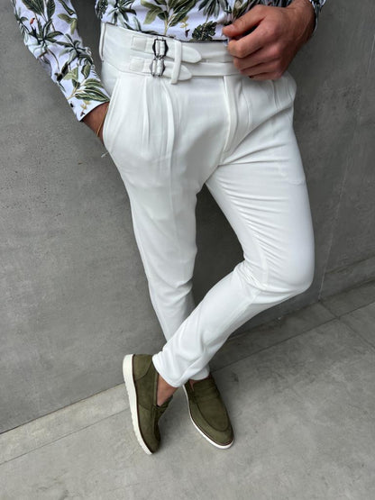Lyon White Slim Fit Buckle Pants – Effortless Elegance