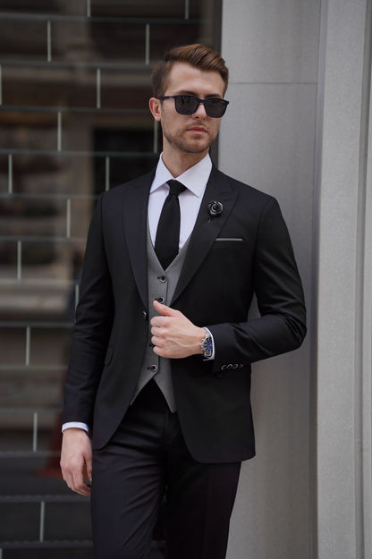 Daniel Black and Gray Wool Suit - Elegant Slim-Fit Three-Piece Ensemble