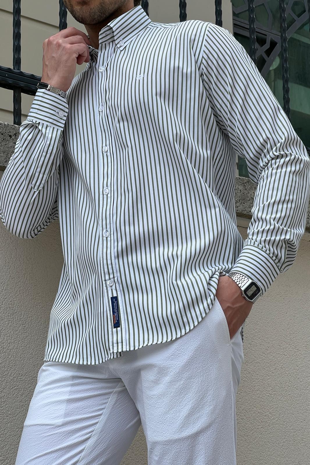 Brabion Daniel Striped White and Green Slim Fit Shirt