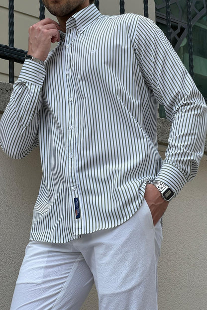 Brabion Daniel Striped White and Green Slim Fit Shirt