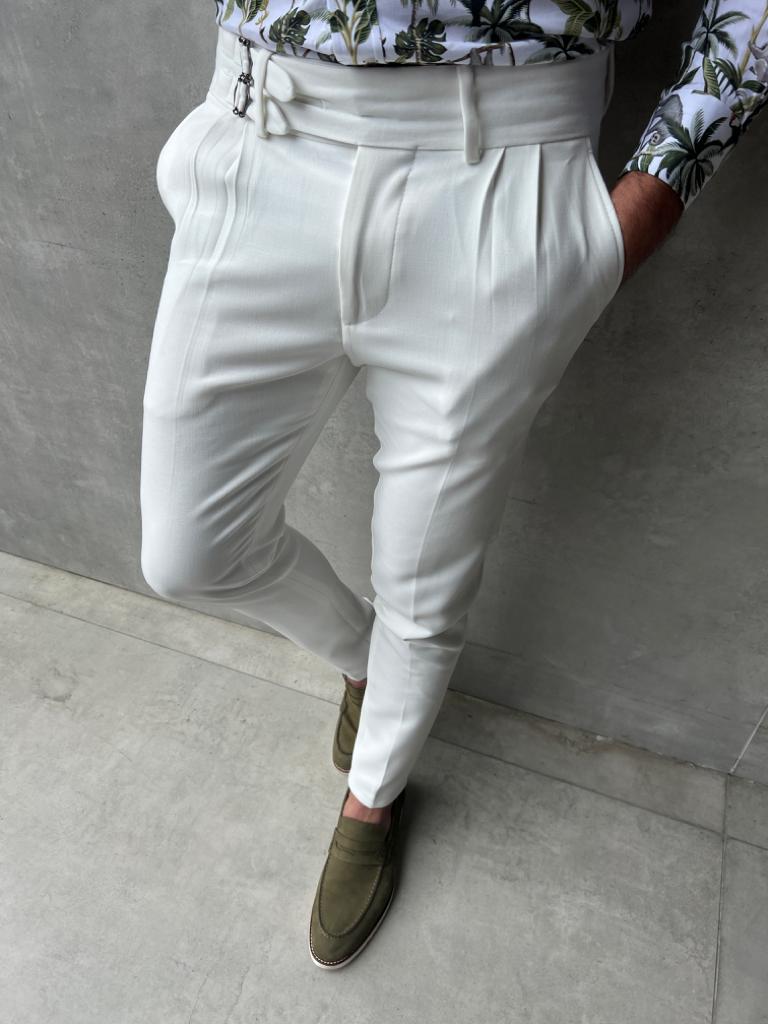 Lyon White Slim Fit Buckle Pants – Effortless Elegance