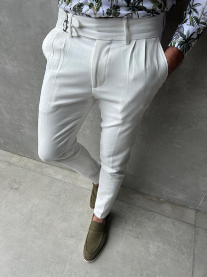 Lyon White Slim Fit Buckle Pants – Effortless Elegance