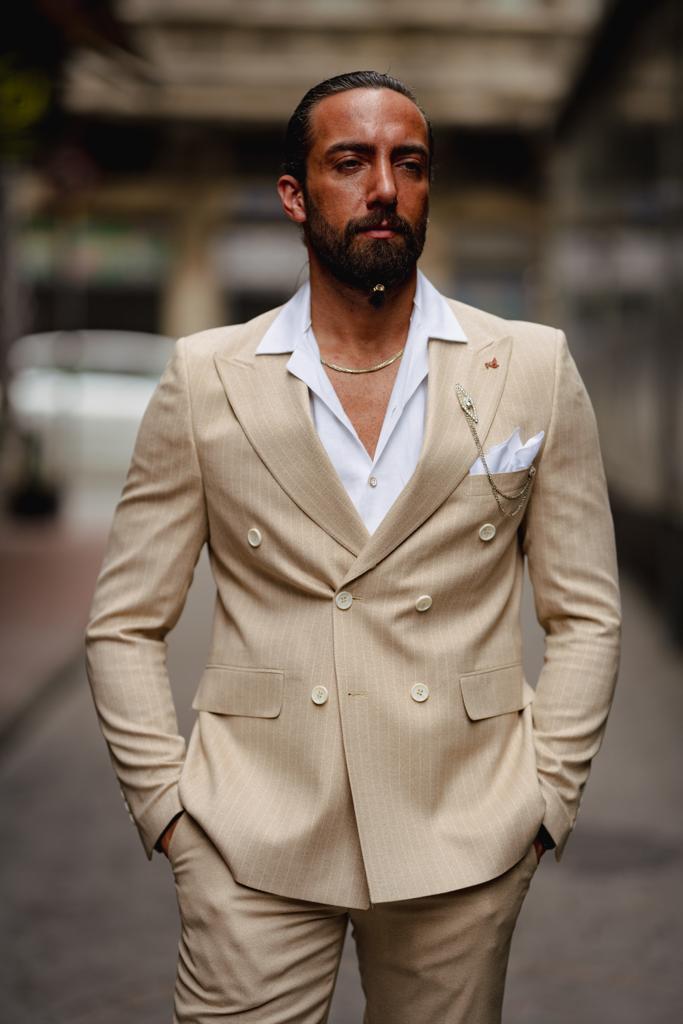 Evo Beige Slim Fit Double Breasted Pinstripe Suit
