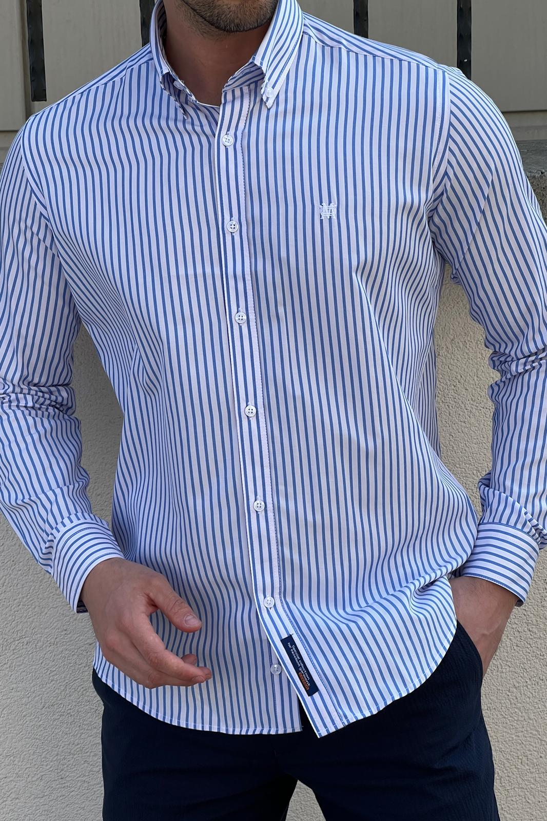 Brabion Daniel Striped White and Blue Slim Fit Shirt