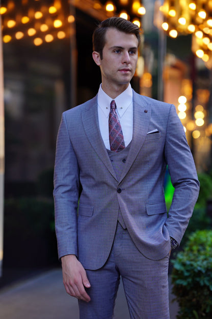 Vespo Patterned Slim-Fit Gray Wool Suit - Elegant Three-Piece Ensemble