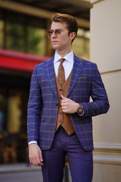Vespo Navy Blue and Camel Slim-Fit Suit - Perfect for Any Occasion
