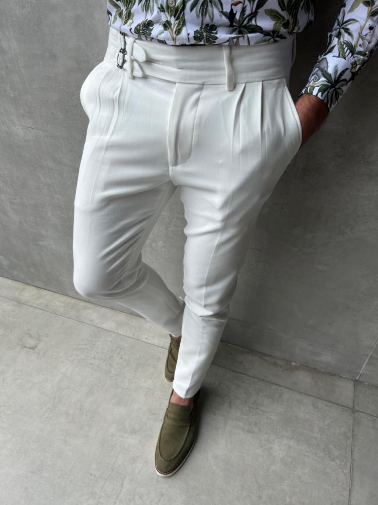 Lyon White Slim Fit Buckle Pants – Effortless Elegance