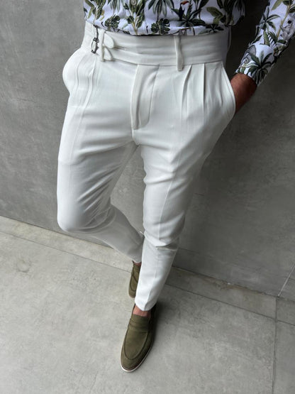 Lyon White Slim Fit Buckle Pants – Effortless Elegance