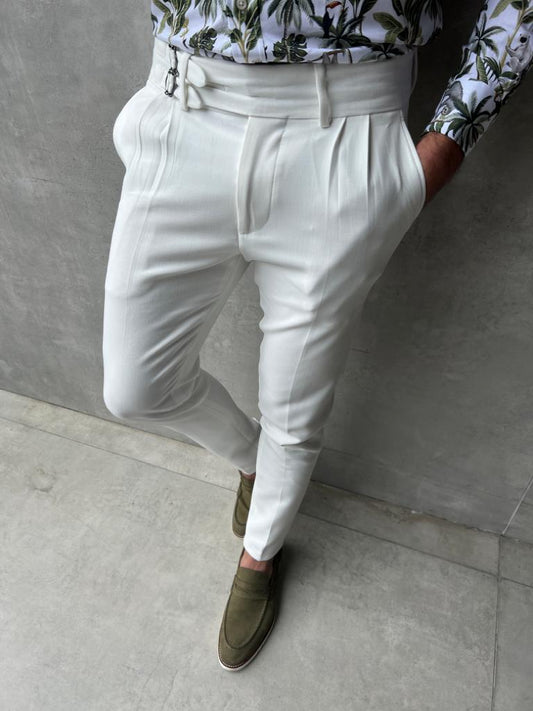 Lyon White Slim Fit Buckle Pants – Effortless Elegance