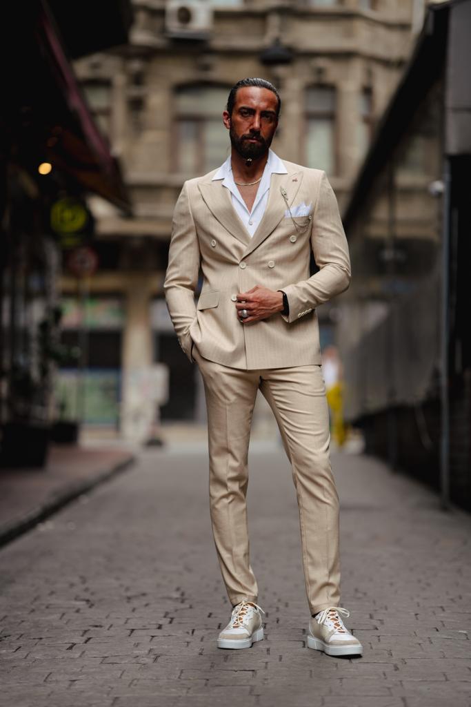 Evo Beige Slim Fit Double Breasted Pinstripe Suit
