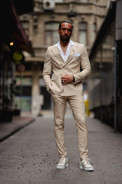 Evo Beige Slim Fit Double Breasted Pinstripe Suit
