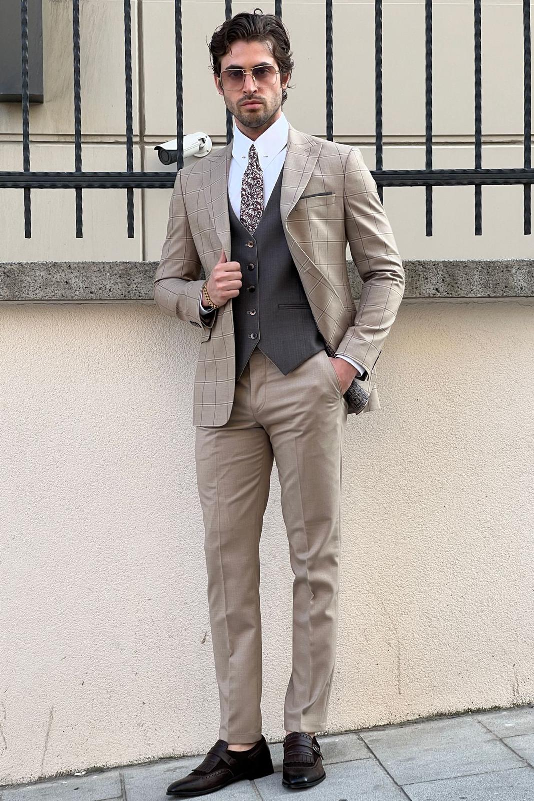 Daniel Patterned Beige Wool Suit - Slim-Fit 3-Piece Elegance
