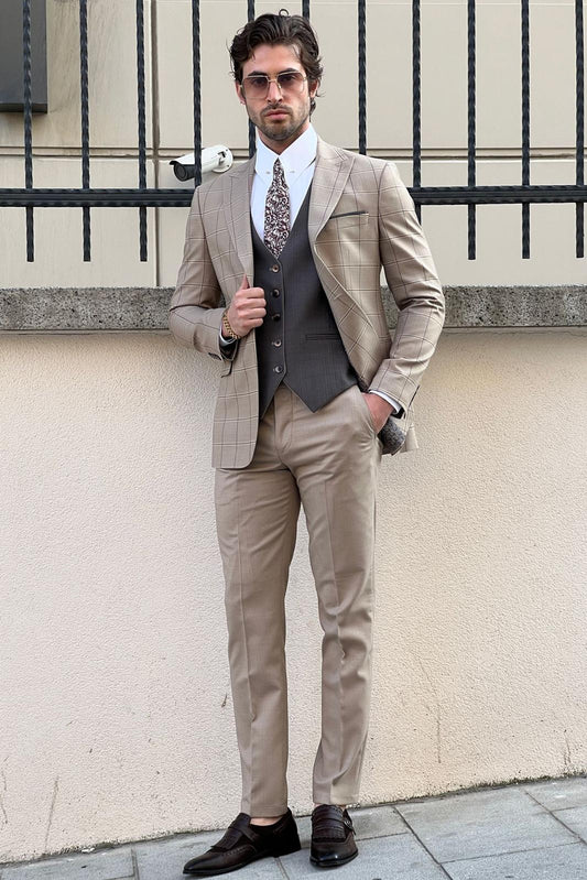 Daniel Patterned Beige Wool Suit - Slim-Fit 3-Piece Elegance