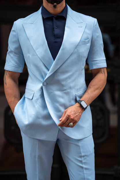 Evo Sky Blue Slim Fit Double Breasted Short Sleeve Suit