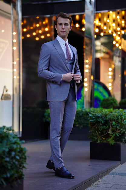 Vespo Patterned Slim-Fit Gray Wool Suit - Elegant Three-Piece Ensemble