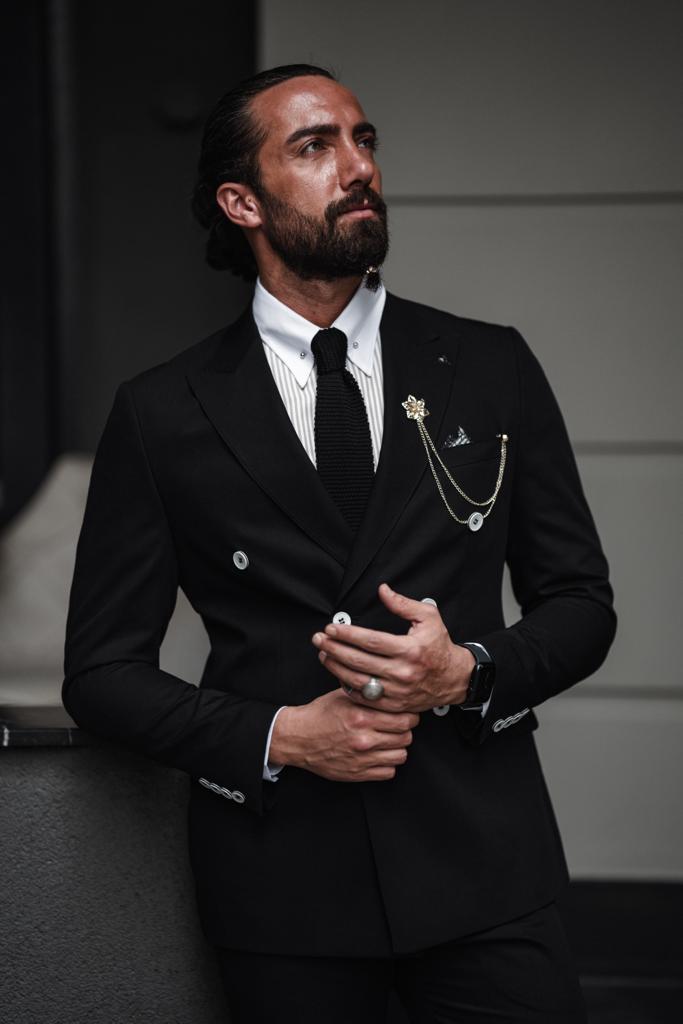 Evo Black Slim Fit Double Breasted Suit - Perfect for Any Occasion