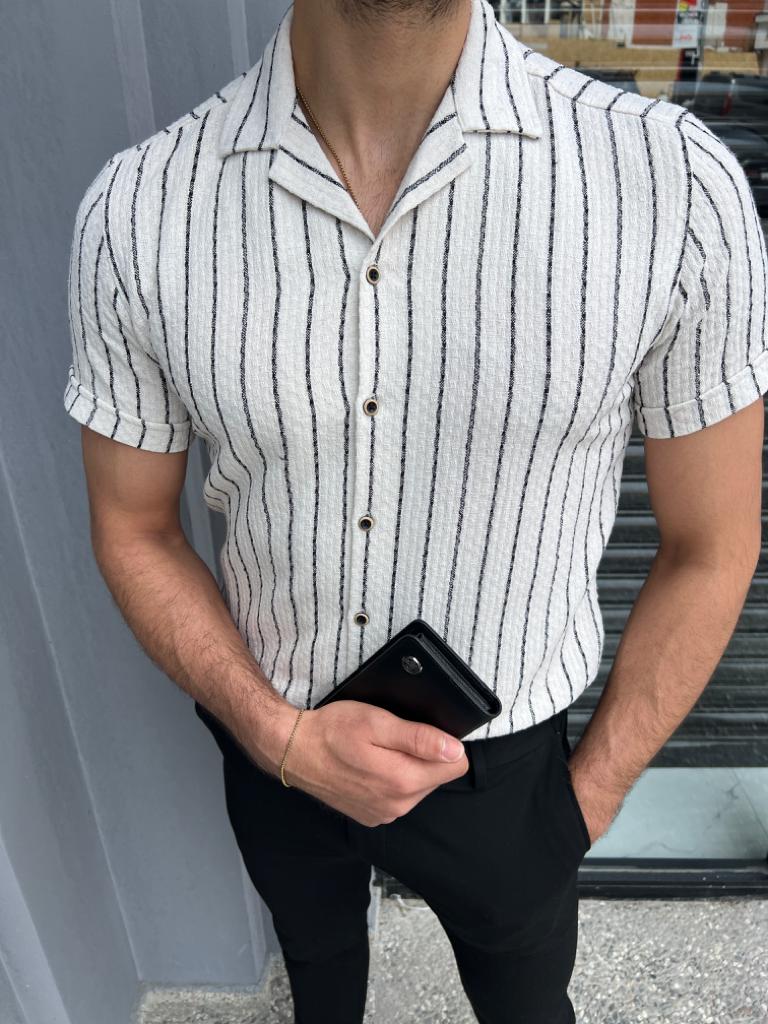Brabion Lyon White Slim Fit Short Sleeve Striped Cotton Shirt