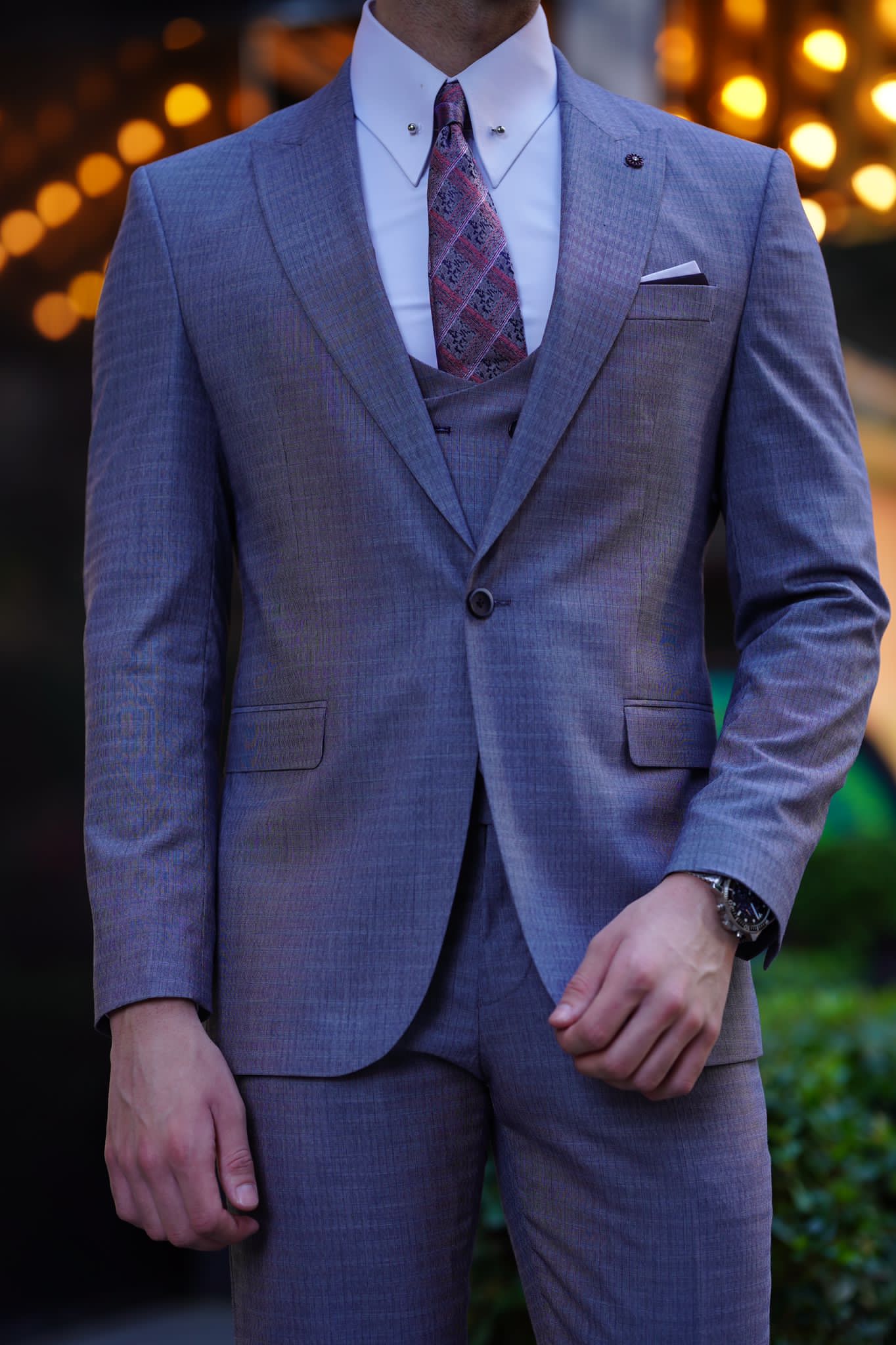 Vespo Patterned Slim-Fit Gray Wool Suit - Elegant Three-Piece Ensemble