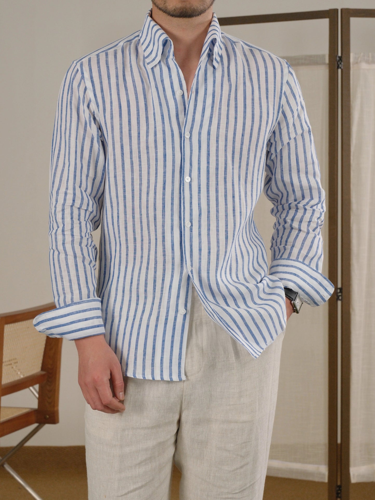 Neapolitan-Style Striped Breathable Linen Men's Shirt