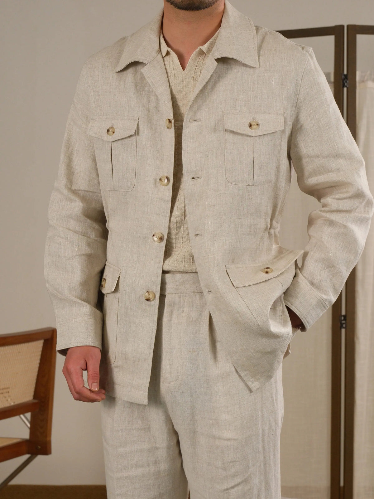 Men's Italian Safari Jacket in Breathable Linen