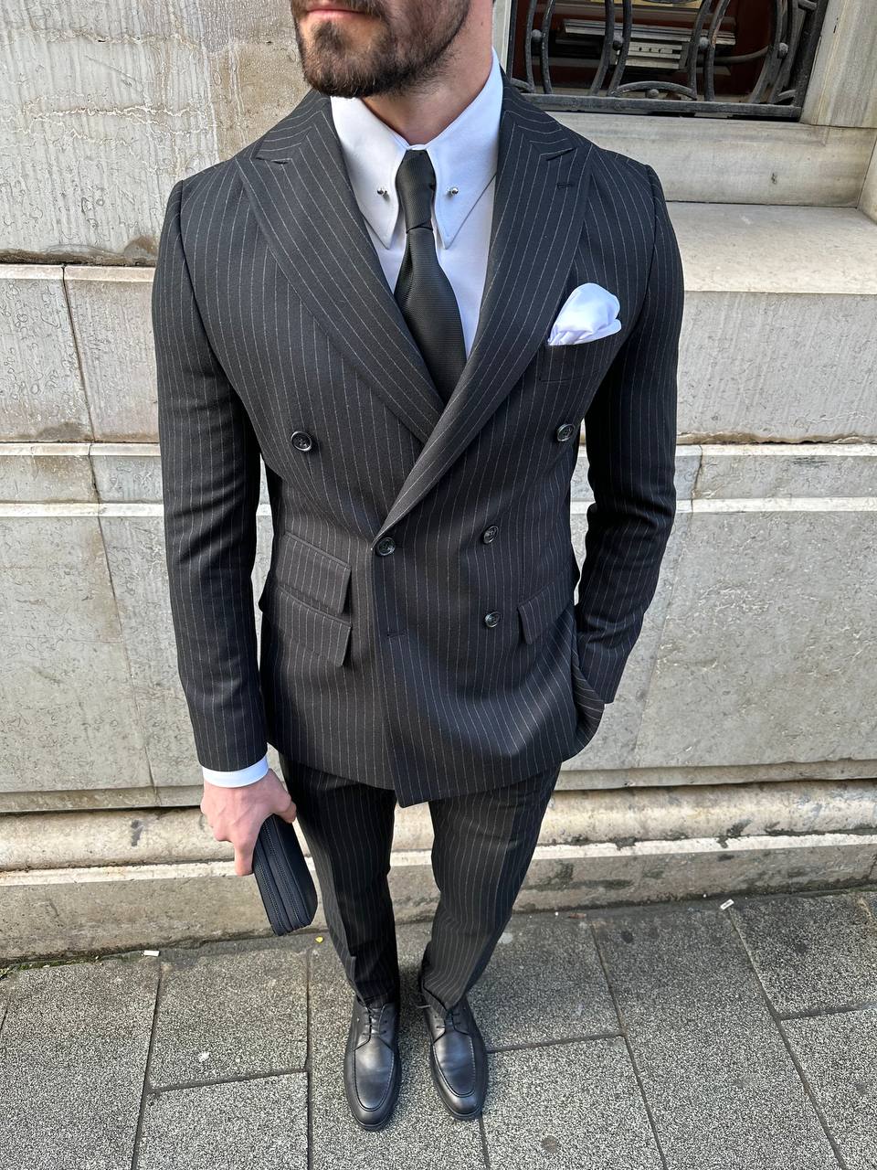 Black Striped Double Breasted Suit 2-Piece VIOSSI