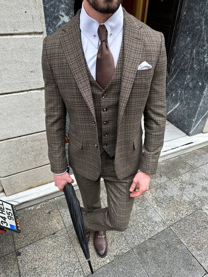 Brown Plaid Slim-Fit Suit 3-Piece VIOSSI