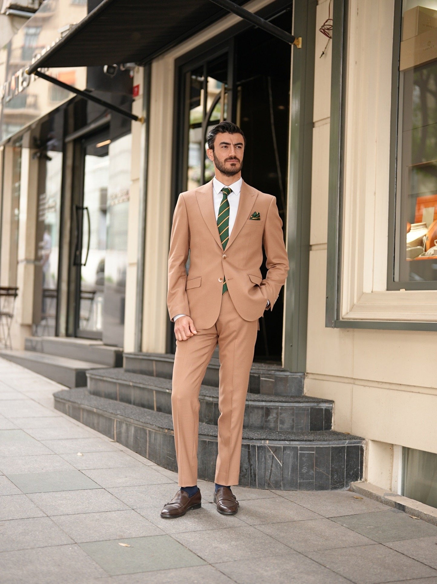 Tan Italian Slim Fit Suit - Punto Stitched