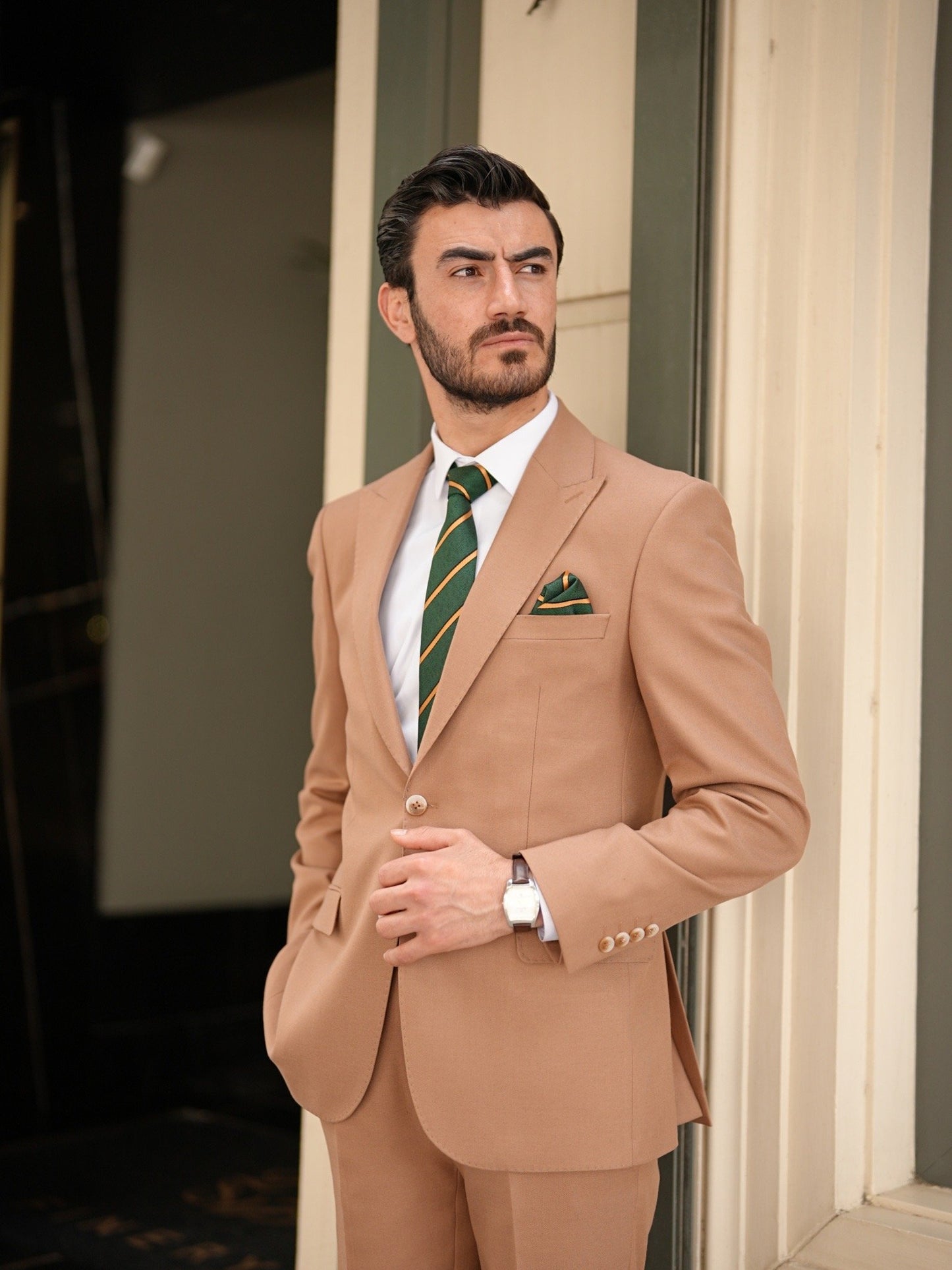 Tan Italian Slim Fit Suit - Punto Stitched