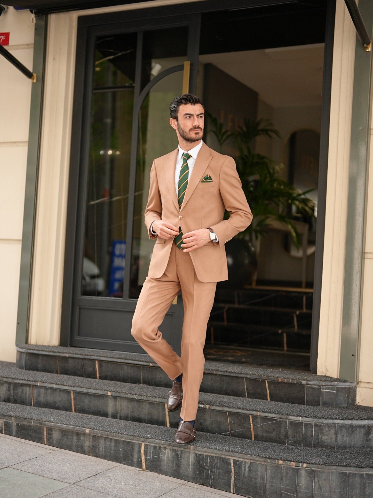 Tan Italian Slim Fit Suit - Punto Stitched