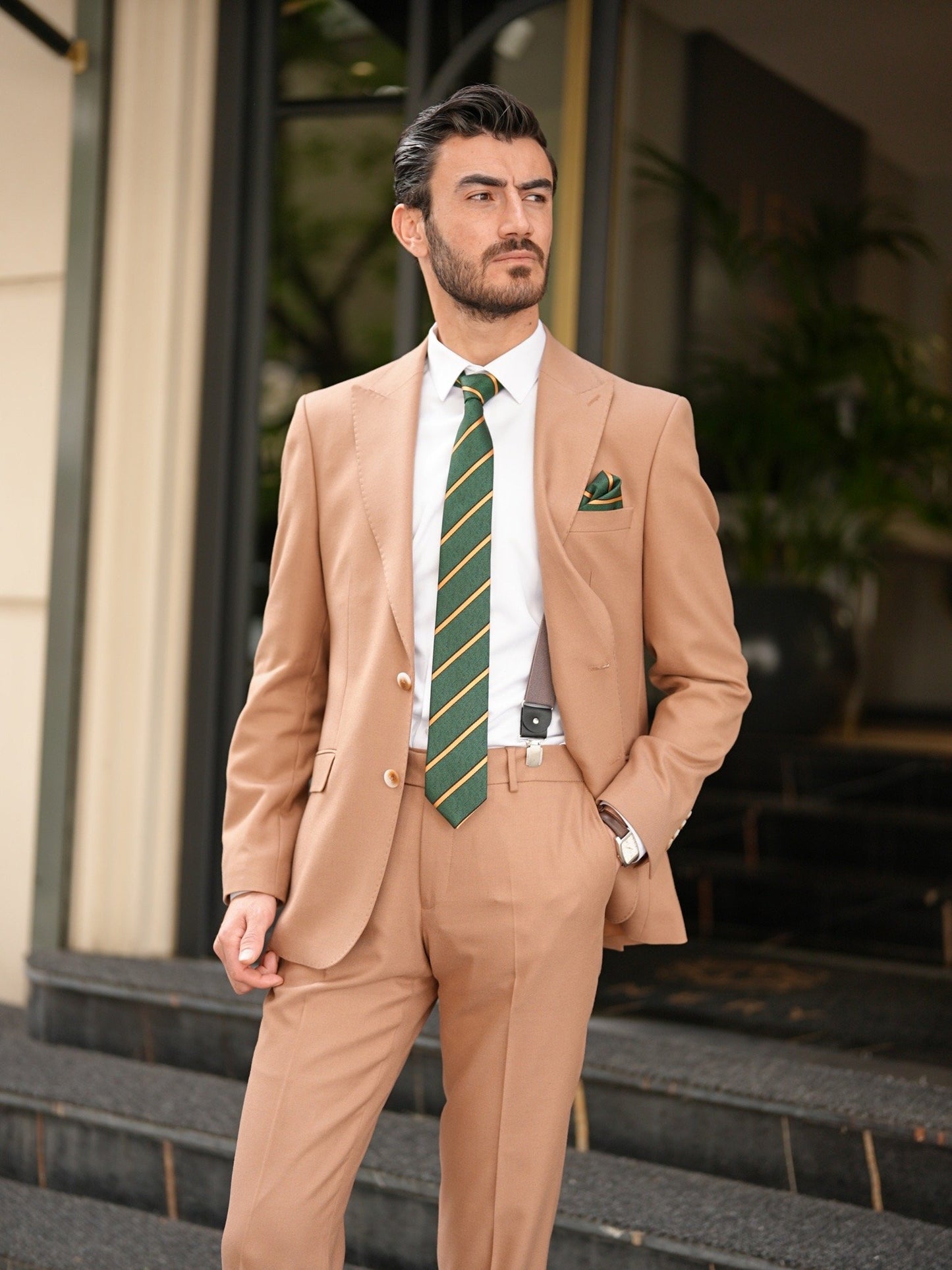 Tan Italian Slim Fit Suit - Punto Stitched