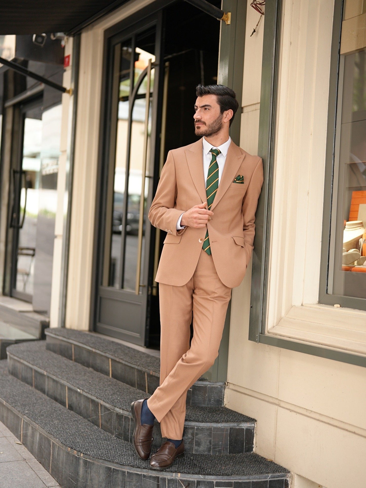 Tan Italian Slim Fit Suit - Punto Stitched