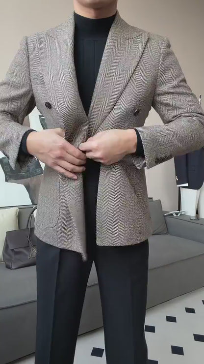 Men’s Retro Herringbone Double-Breasted Blazer