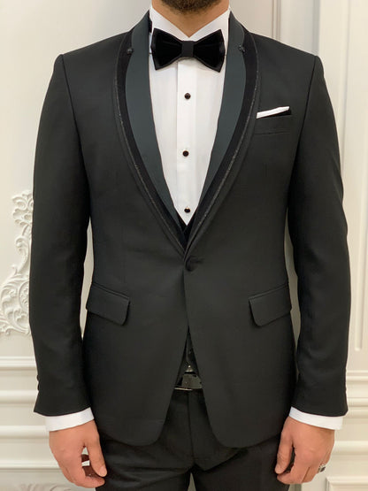 Infinite Black Slim Fit Velvet Peak Lapel Tuxedo