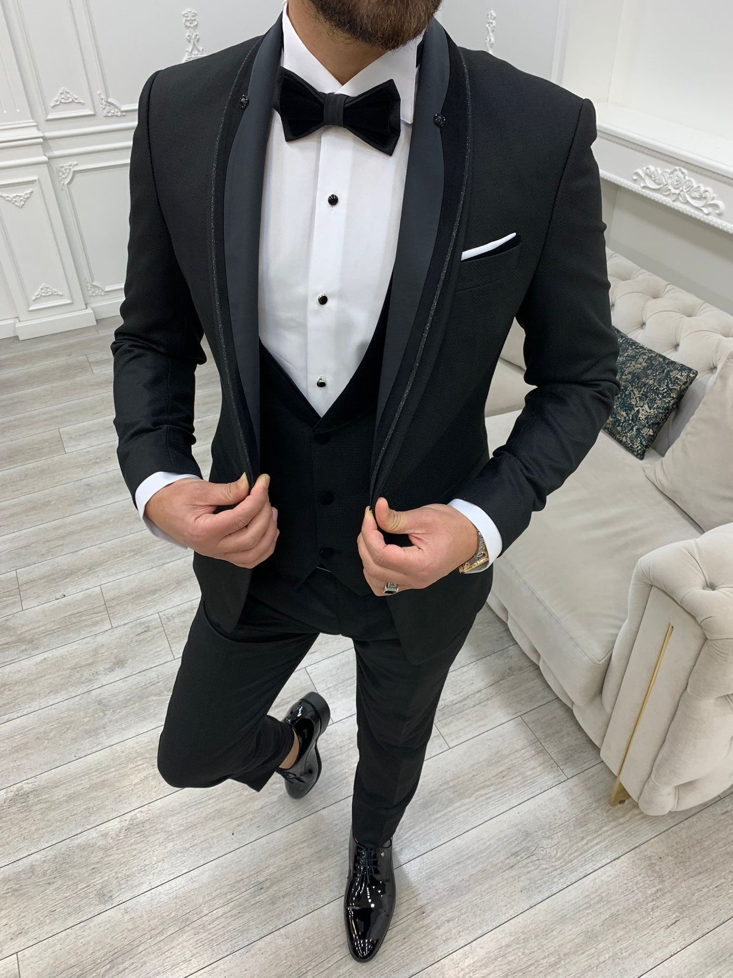 Infinite Black Slim Fit Velvet Peak Lapel Tuxedo