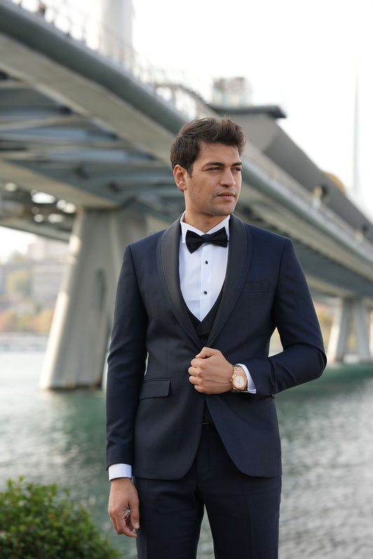 Caesar Navy Blue Slim Fit Shawl Lapel Tuxedo
