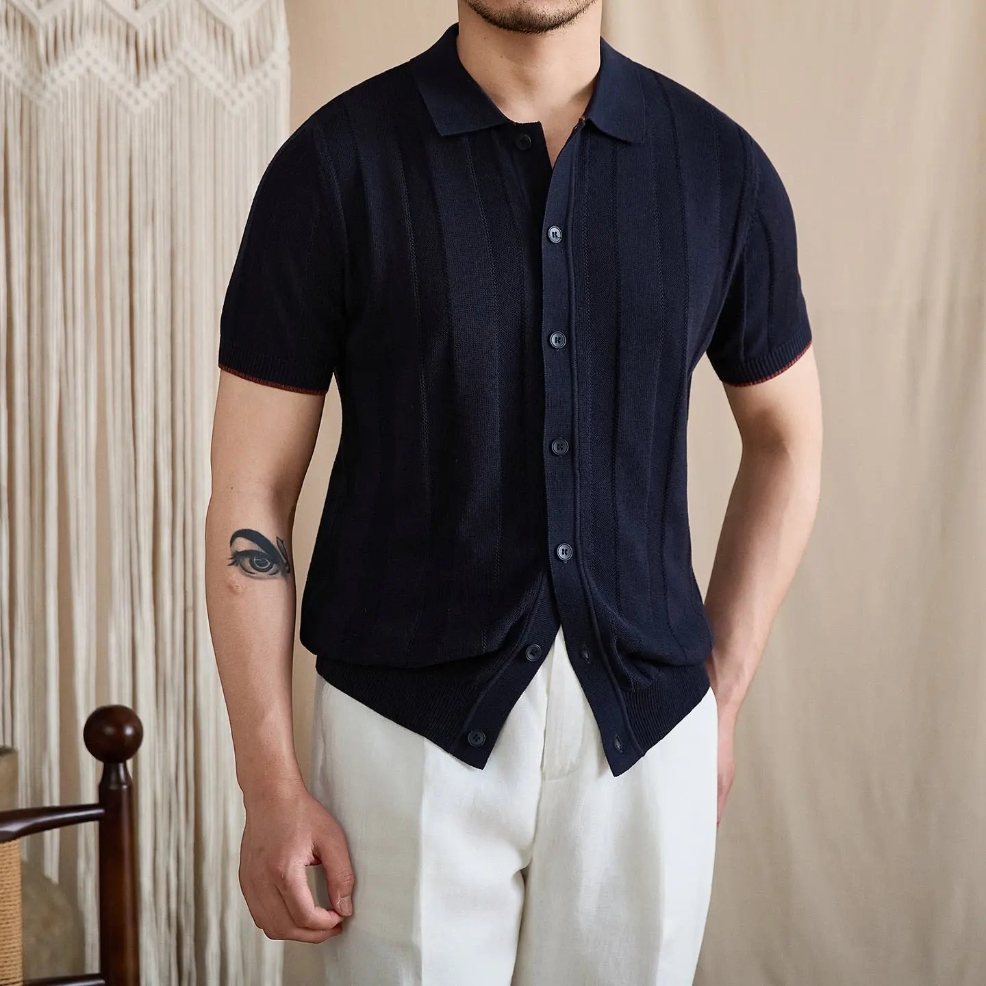 Contrast-Tipped Ribbed Knit Polo BRABION