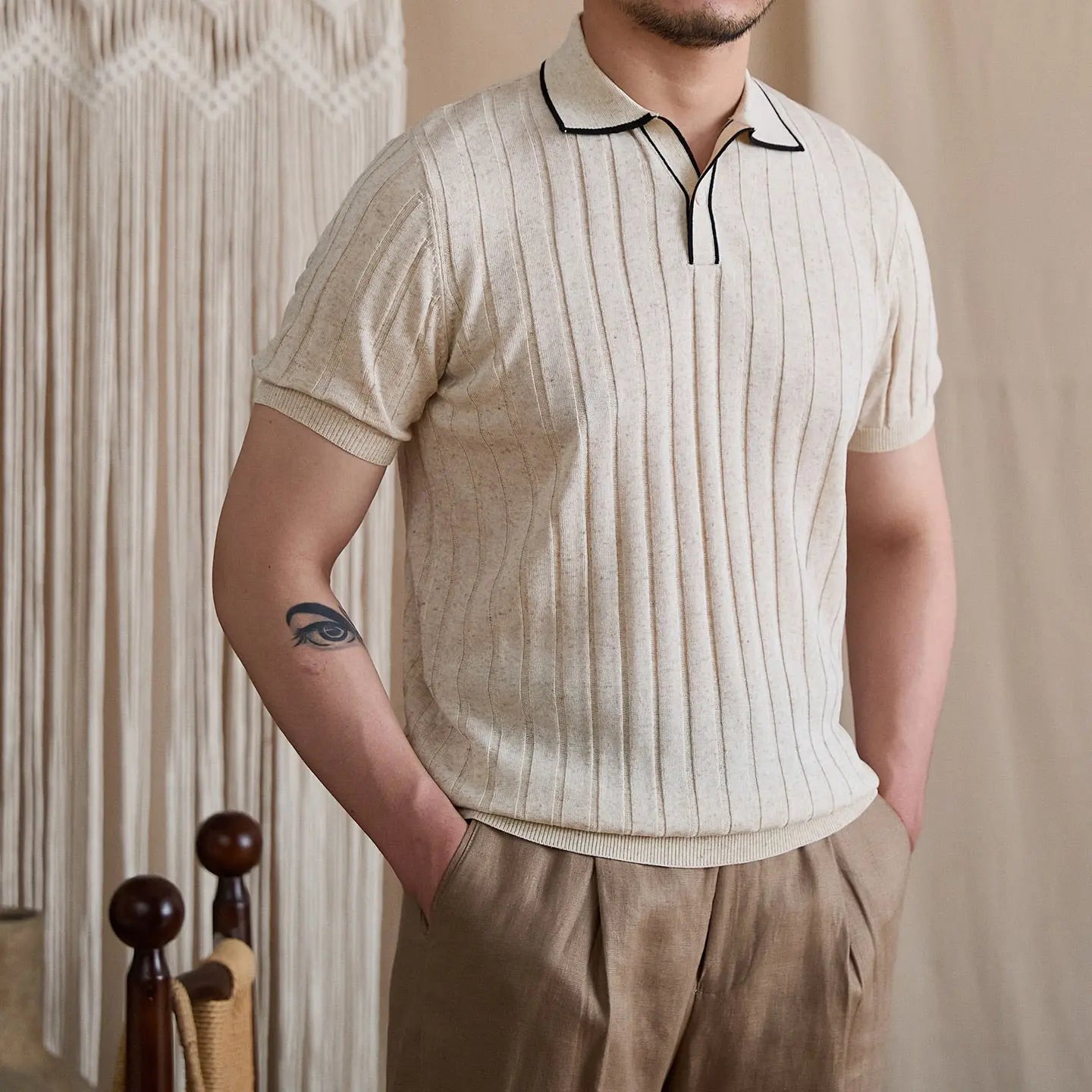 Contrast-Tipped V-Placket Ribbed Polo BRABION