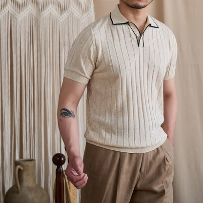 Contrast-Tipped V-Placket Ribbed Polo BRABION