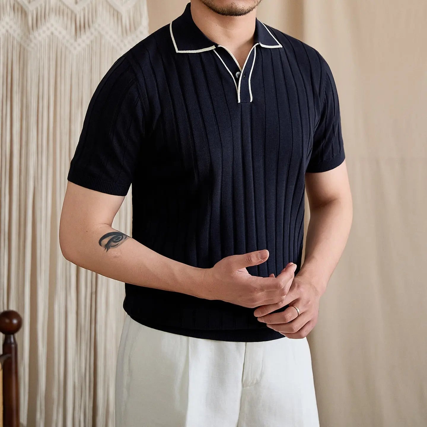 Contrast-Tipped V-Placket Ribbed Polo BRABION