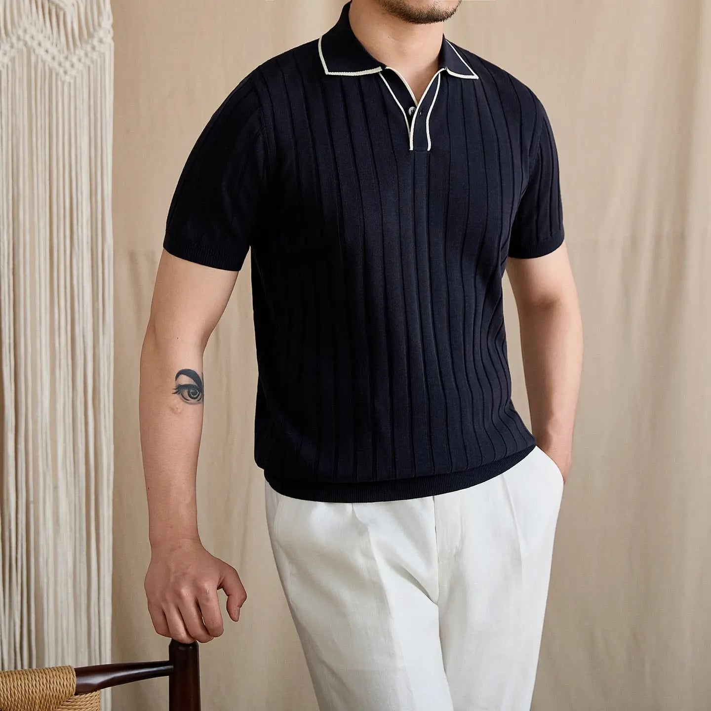 Contrast-Tipped V-Placket Ribbed Polo BRABION