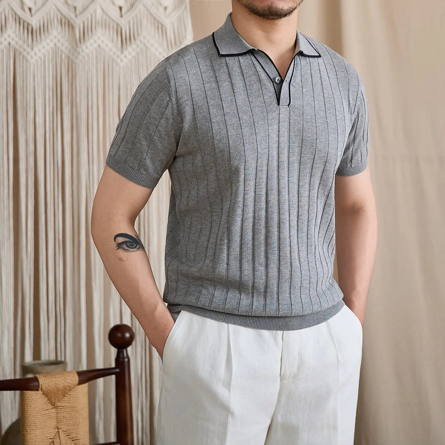 Contrast-Tipped V-Placket Ribbed Polo BRABION
