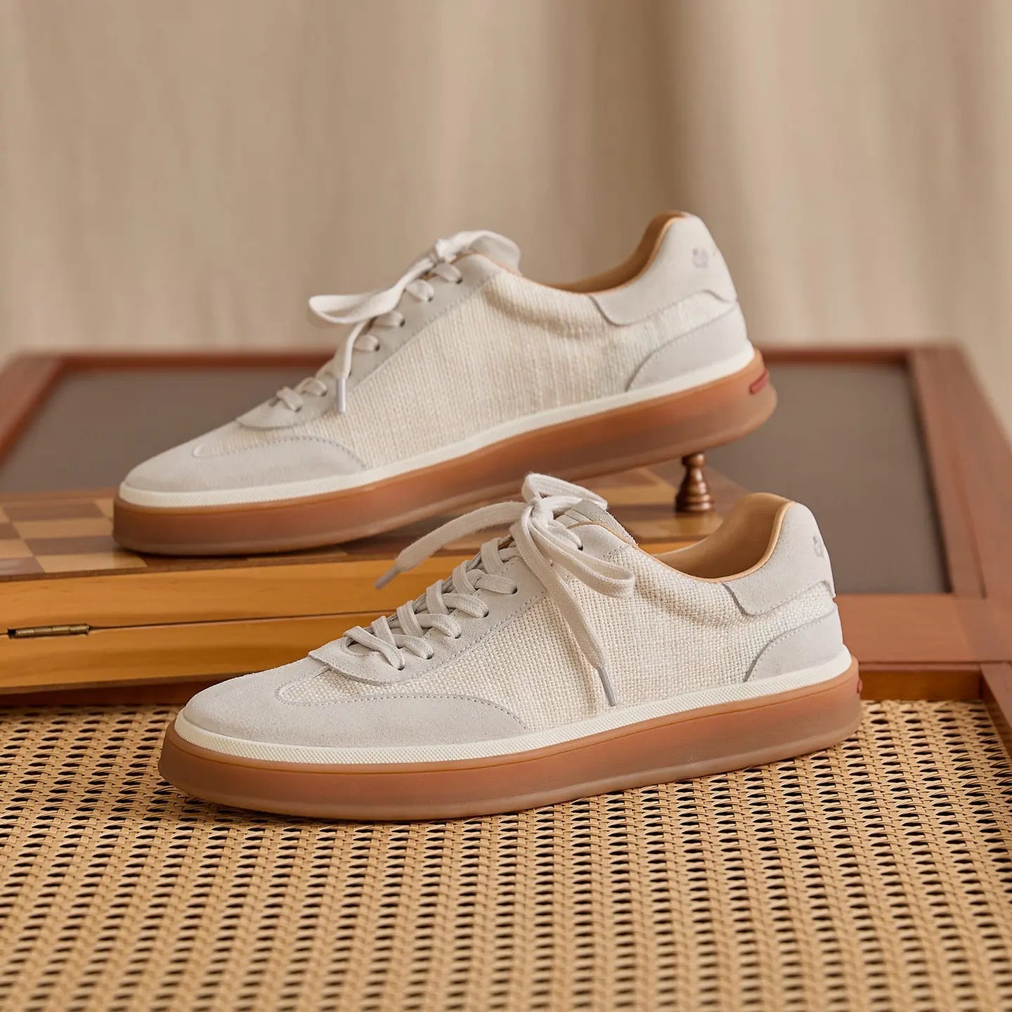 Leather & Linen Low-Top Lace-Up Sneakers BRABION