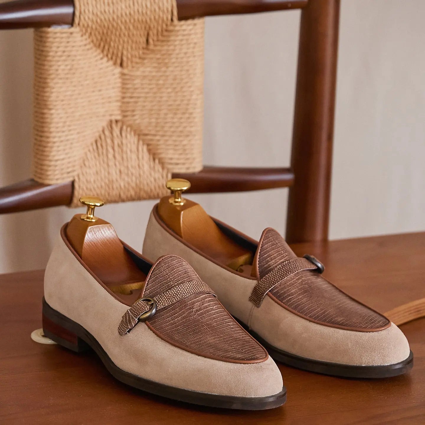 Embossed Leather Buckle-Strap Loafers BRABION