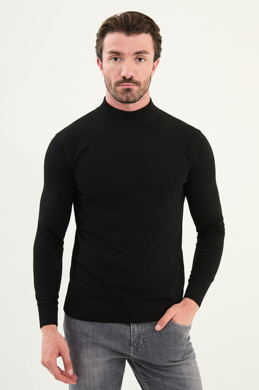 Men’s Black Knit Half-Turtleneck Pullover – Slim Fit