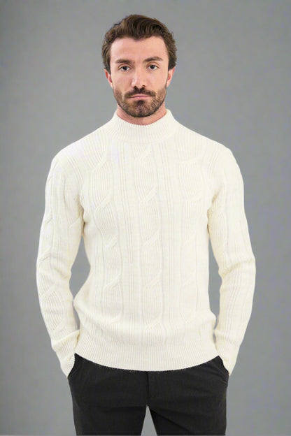 White Cable-Knit High Neck Sweater