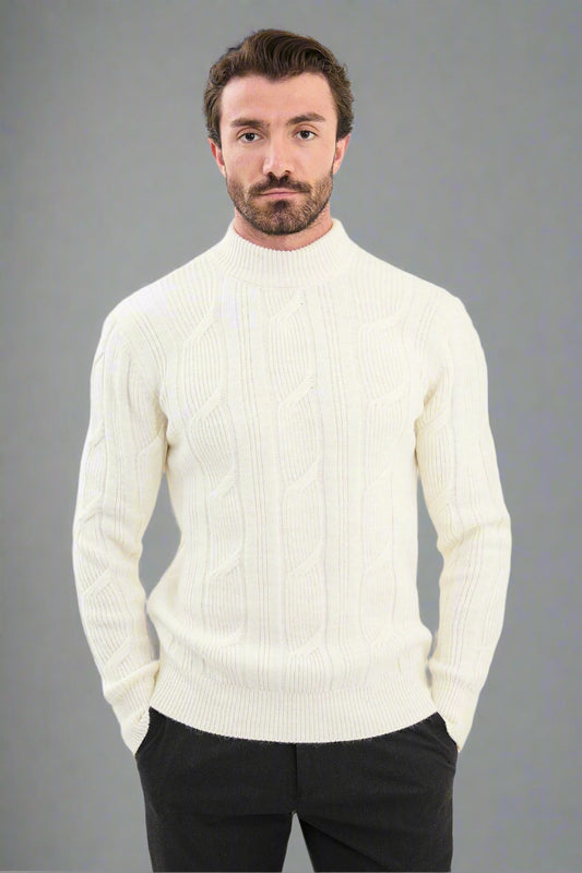 White Cable-Knit High Neck Sweater