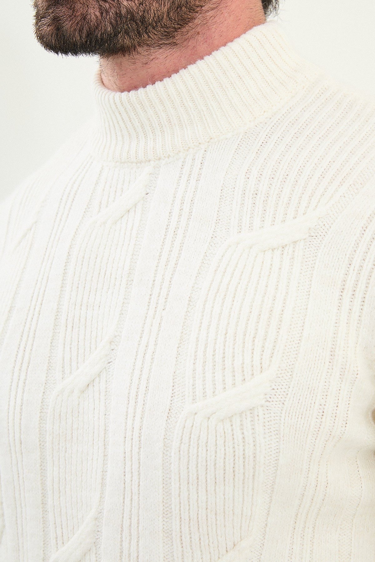 White Cable-Knit High Neck Sweater